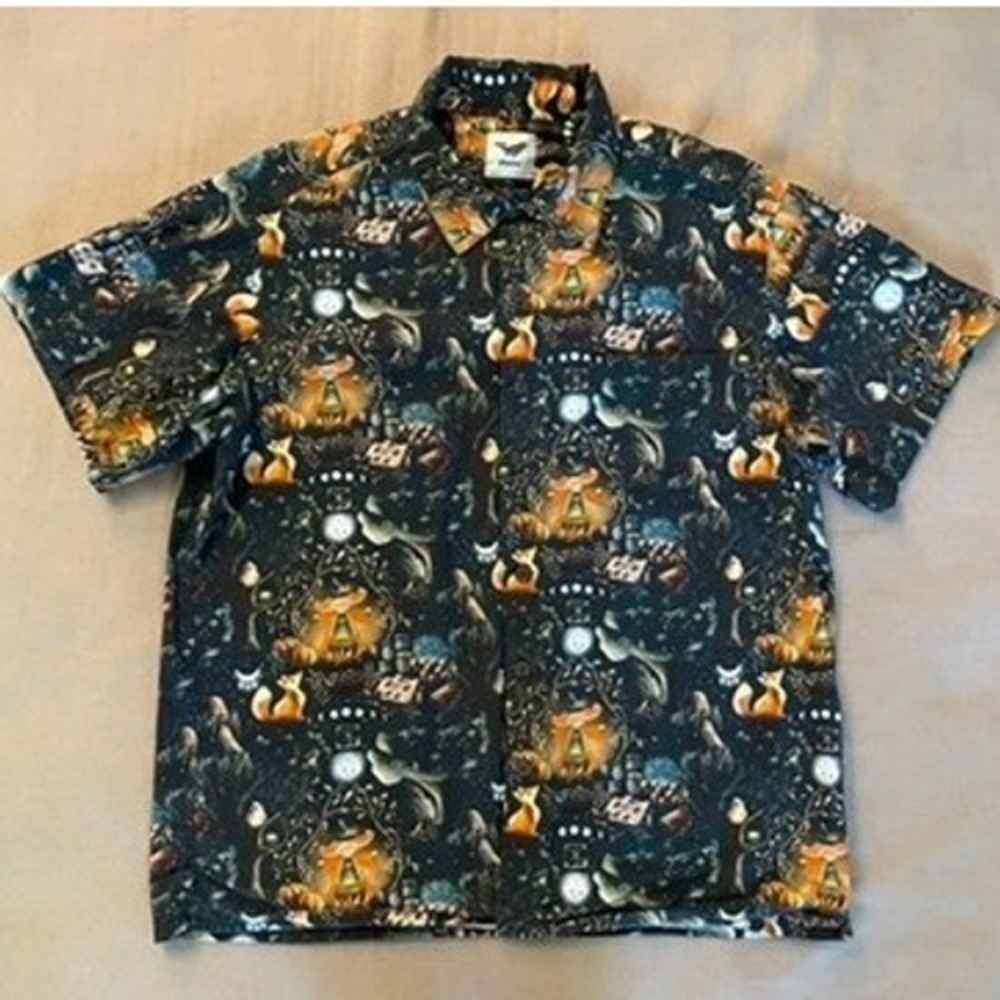 Yiume Hawaiian Shirt Mens Size L Black Wizard Fox Owl Magic Whimsical Halloween
